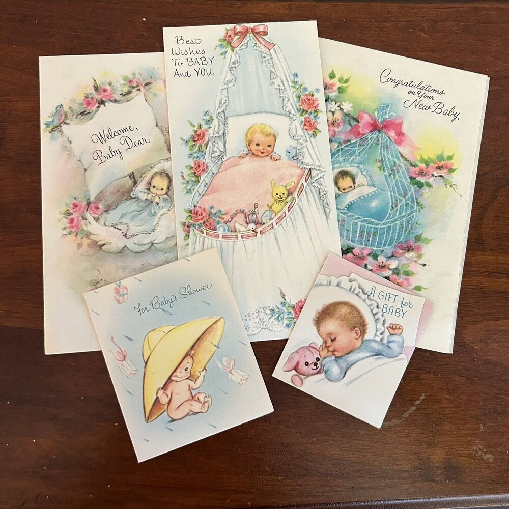 5x Vintage 50s/60s Baby Cards Stork Bunny Critters Ephemera Scrapbook